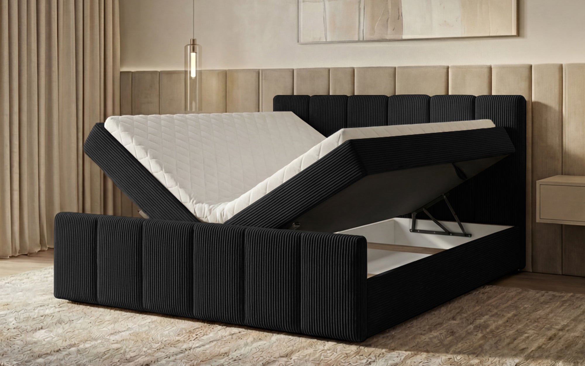 Lit boxspring Siena avec rangement relevable en Côtelé