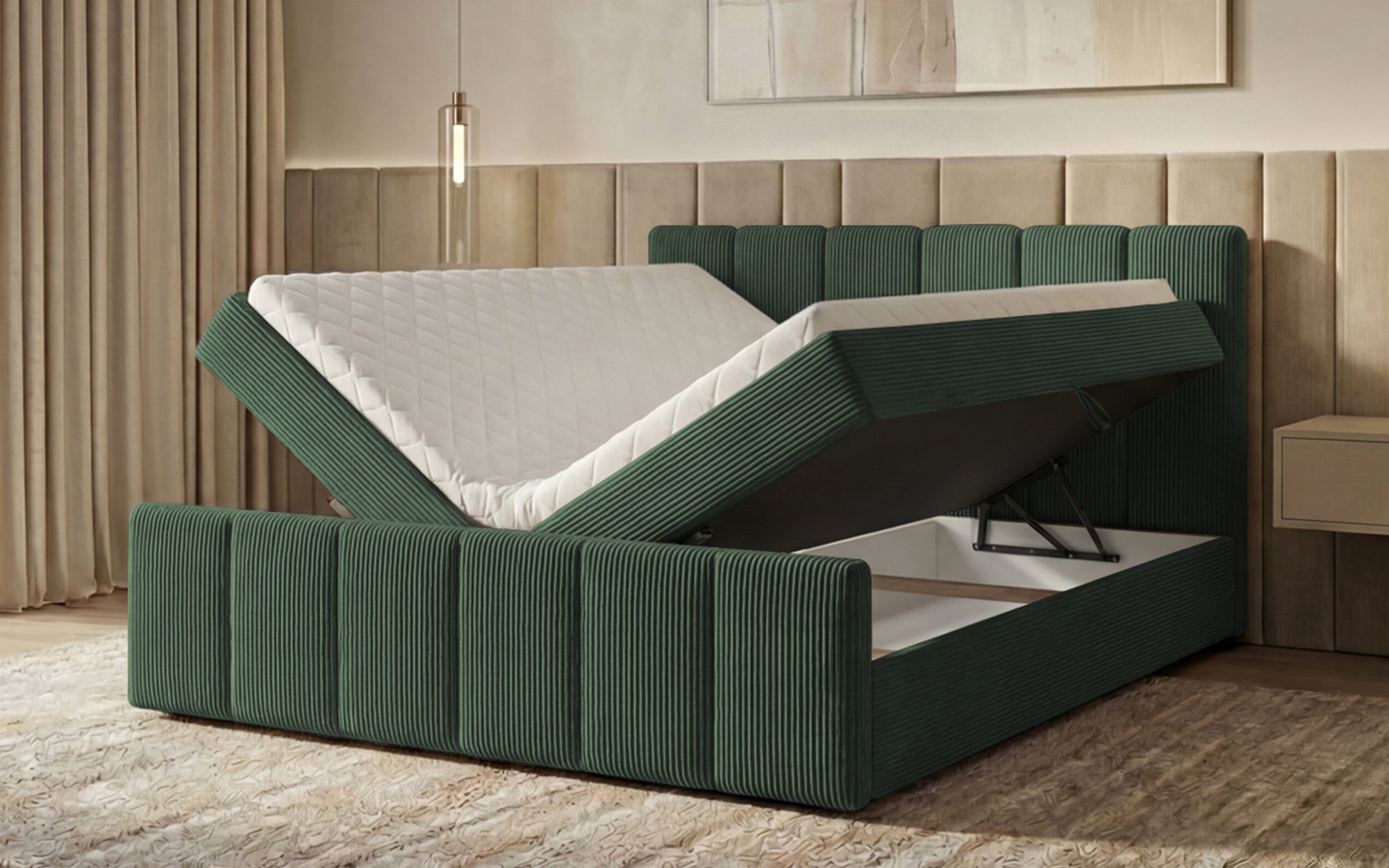 Lit boxspring Siena avec rangement relevable en Côtelé