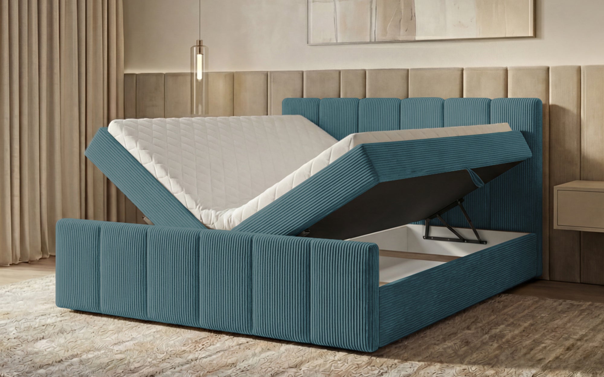 Lit boxspring Siena avec rangement relevable en Côtelé