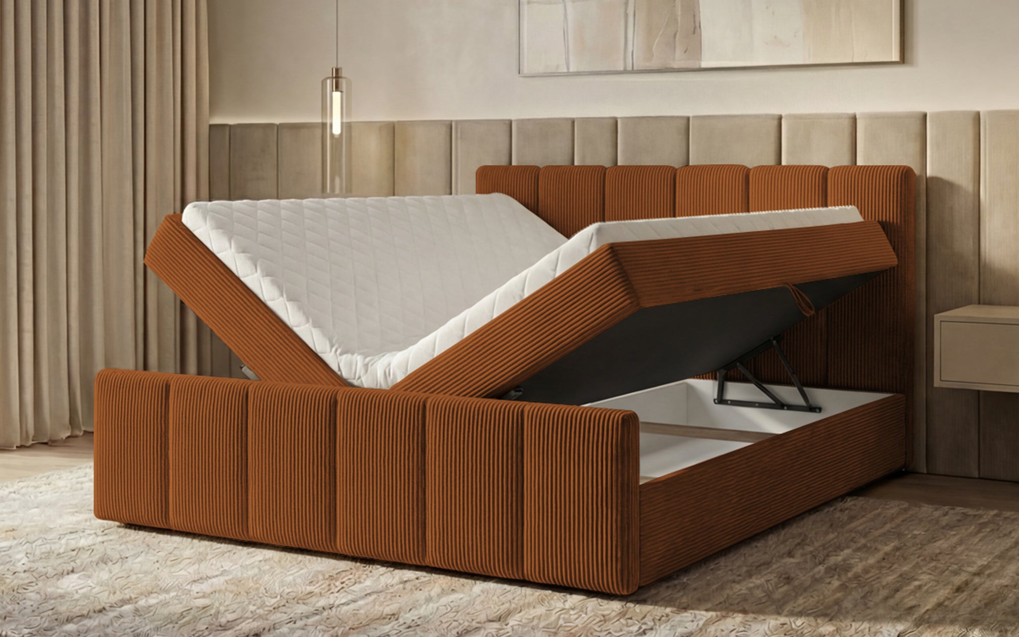 Lit boxspring Siena avec rangement relevable en Côtelé