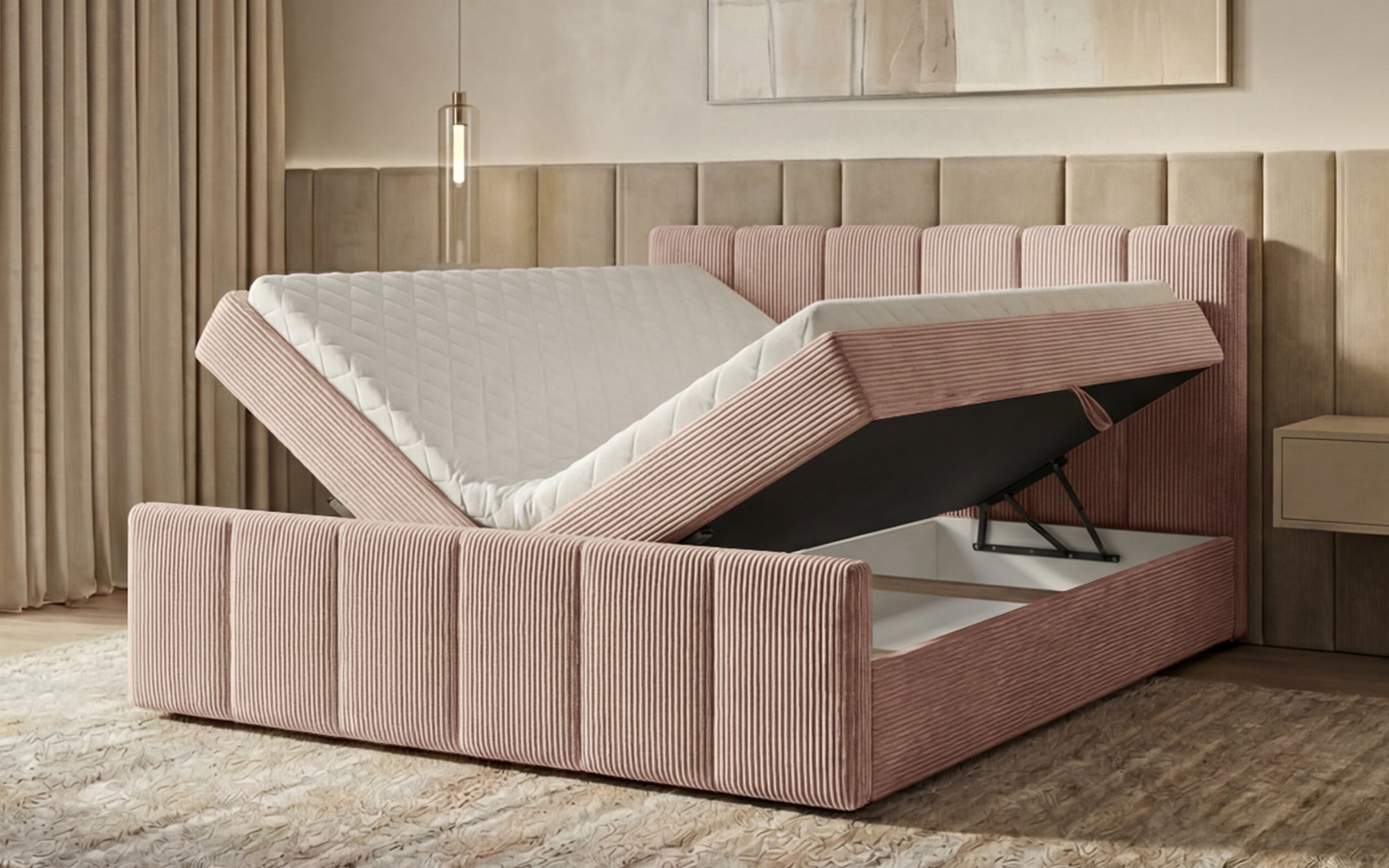 Lit boxspring Siena avec rangement relevable en Côtelé