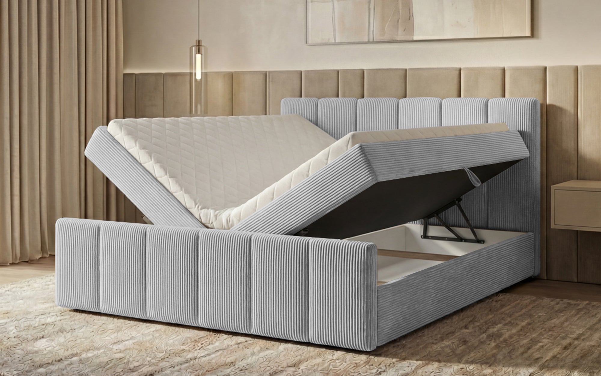 Lit boxspring Siena avec rangement relevable en Côtelé