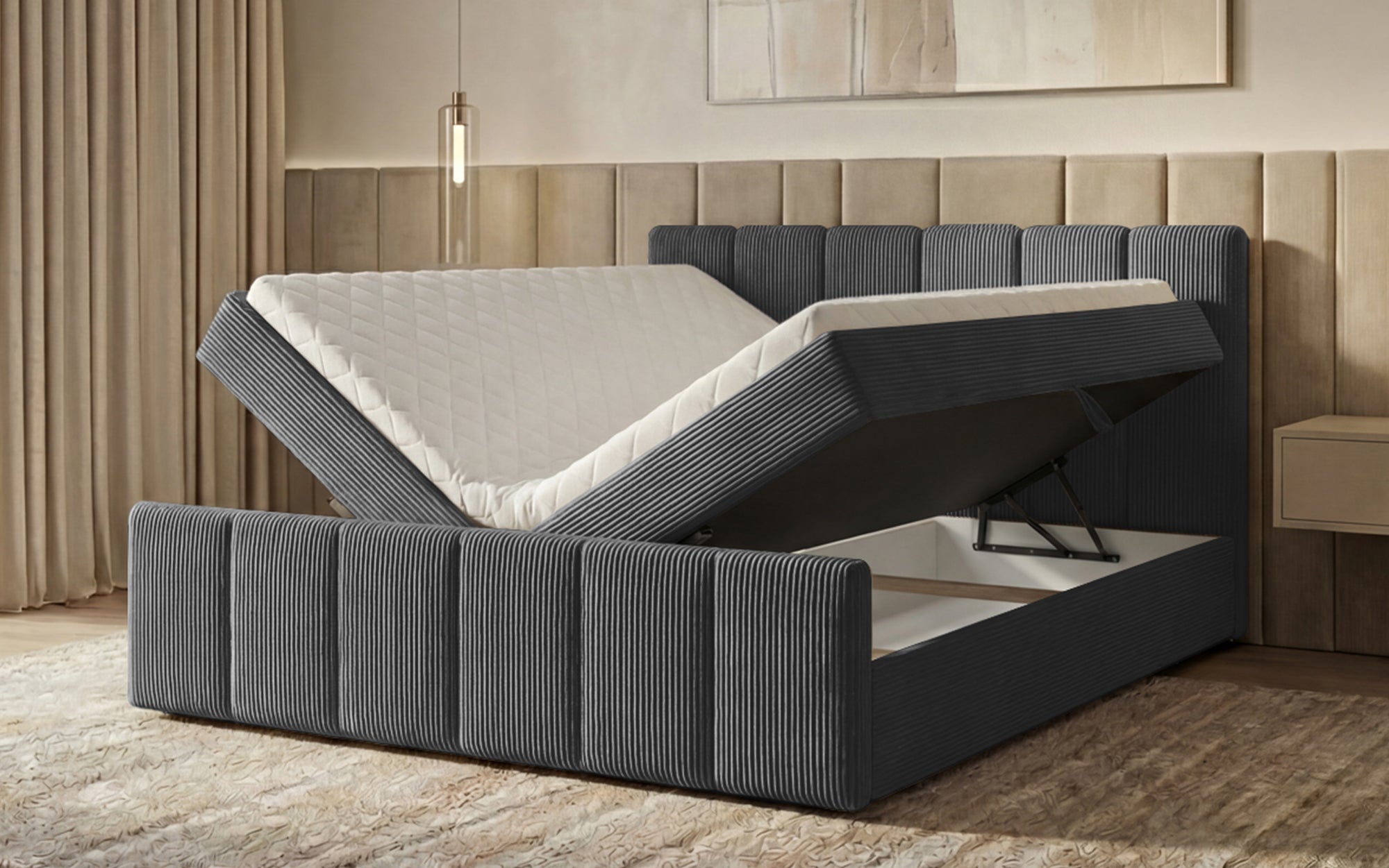 Lit boxspring Siena avec rangement relevable en Côtelé