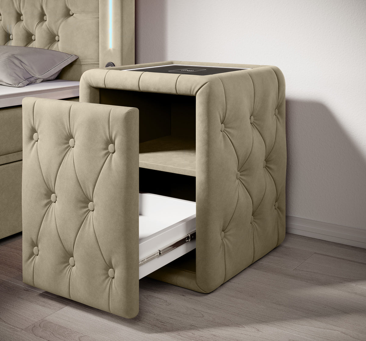Josy Nachttisch Samt Beige open
