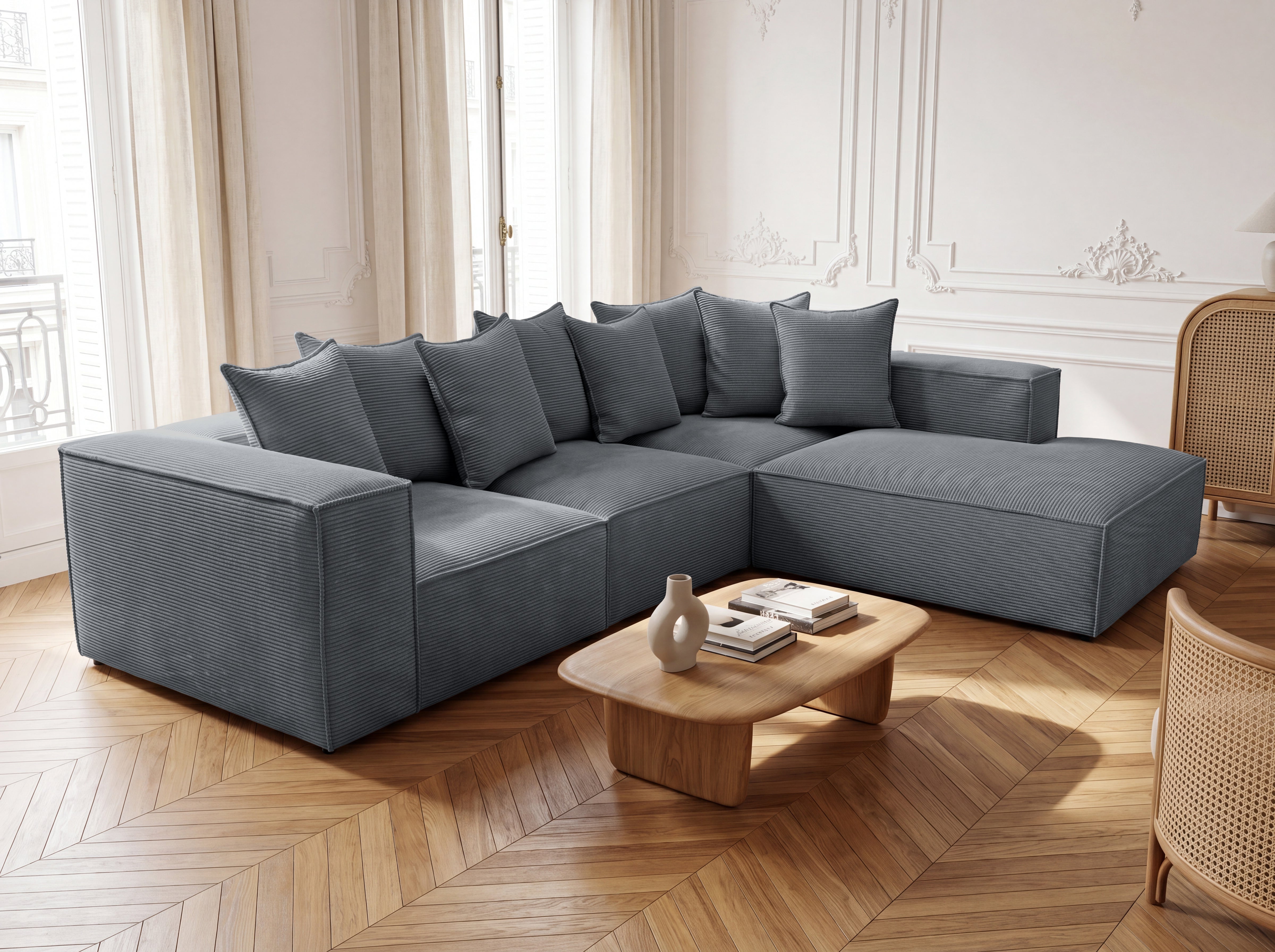 Designer Ecksofa Largo mit langer Ottomane in Cord