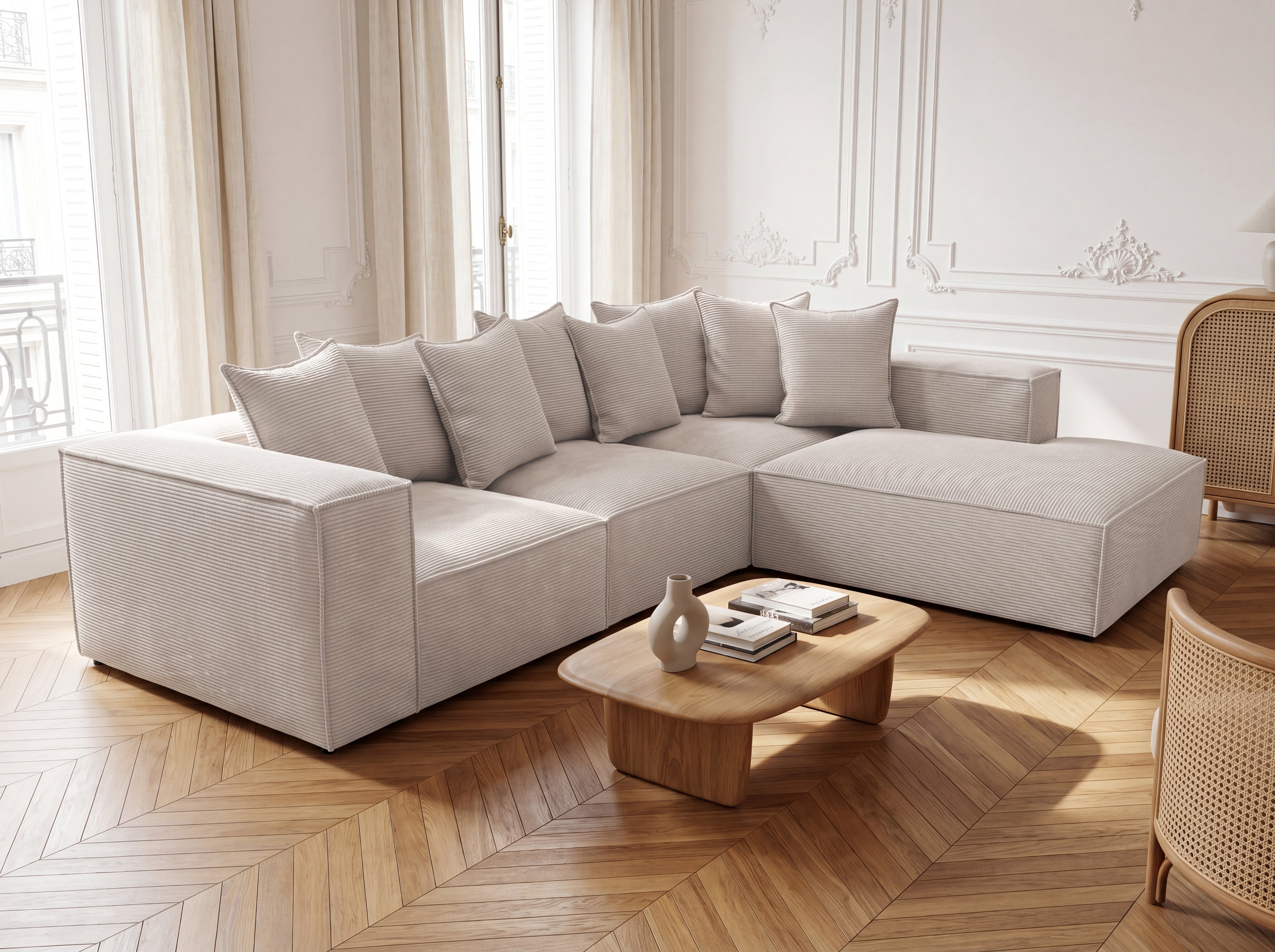 Designer Ecksofa Largo mit langer Ottomane in Cord