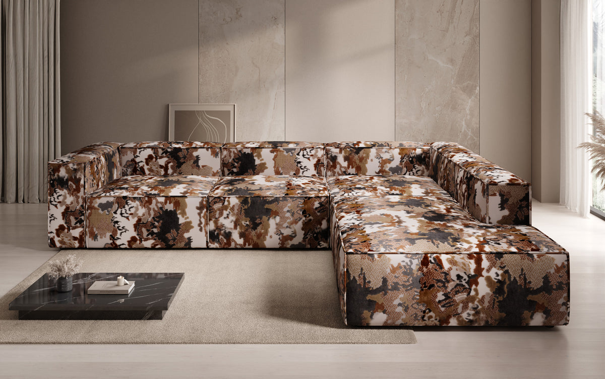 Canapé d'angle design Lesley avec longue ottomane - Jacquard à motif aquarelle