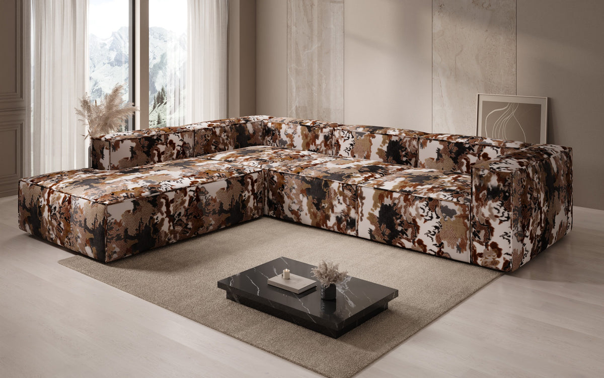Canapé d'angle design Lesley avec longue ottomane - Jacquard à motif aquarelle