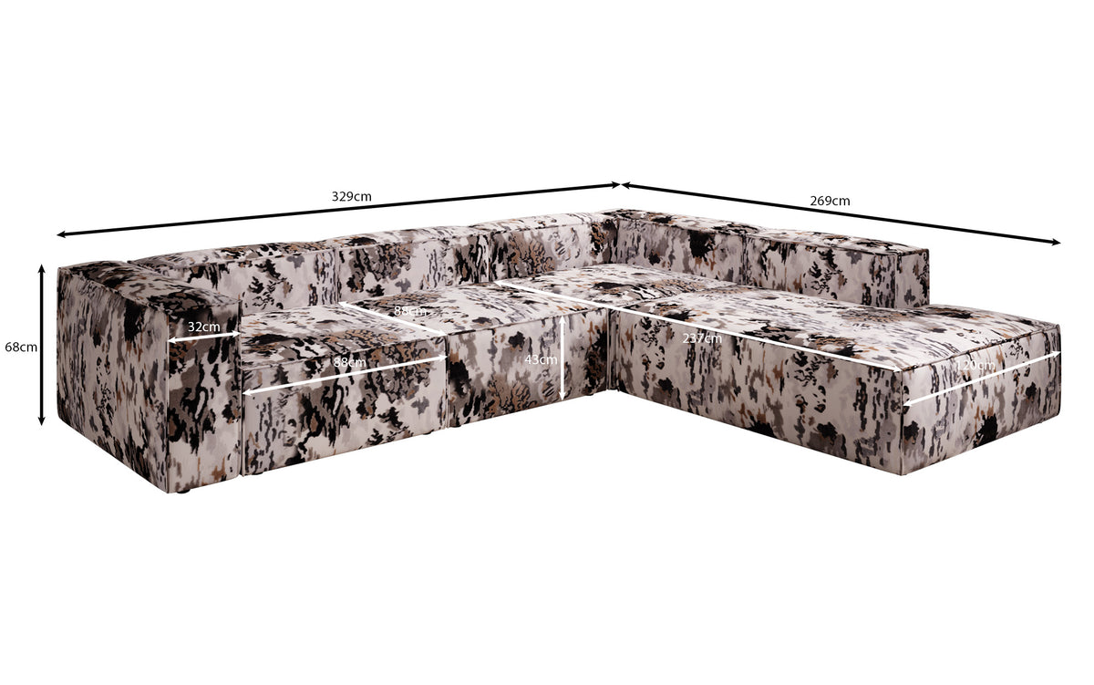 Canapé d'angle design Lesley avec longue ottomane - Jacquard à motif aquarelle