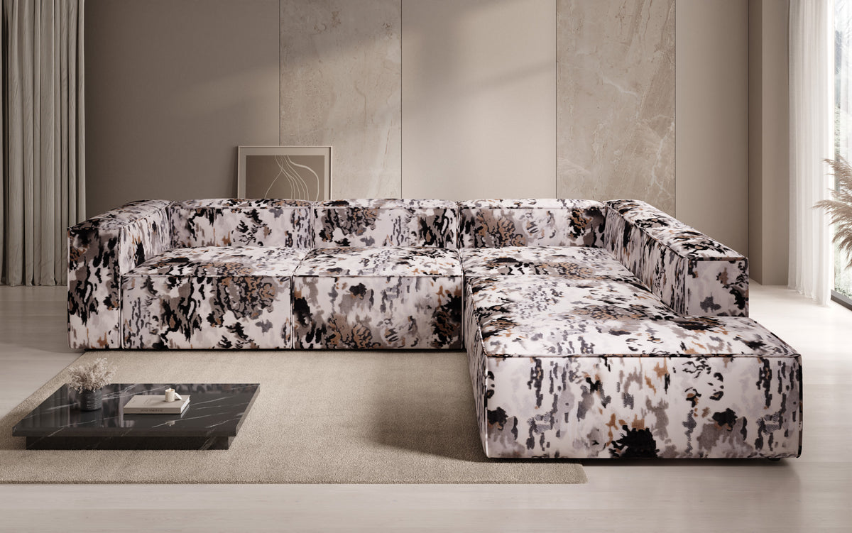 Canapé d'angle design Lesley avec longue ottomane - Jacquard à motif aquarelle