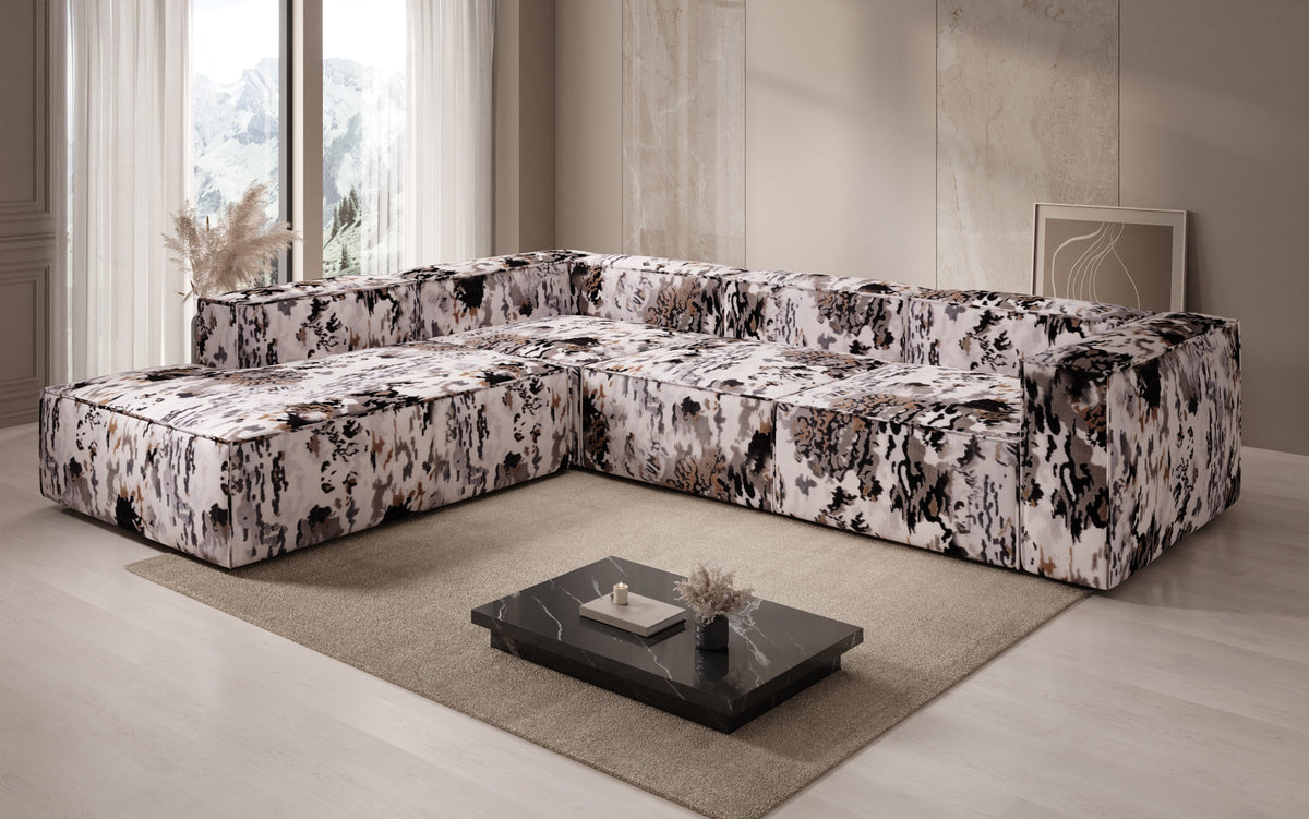 Canapé d'angle design Lesley avec longue ottomane - Jacquard à motif aquarelle