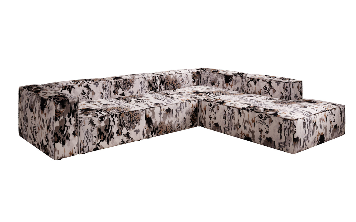 Canapé d'angle design Lesley avec longue ottomane - Jacquard à motif aquarelle