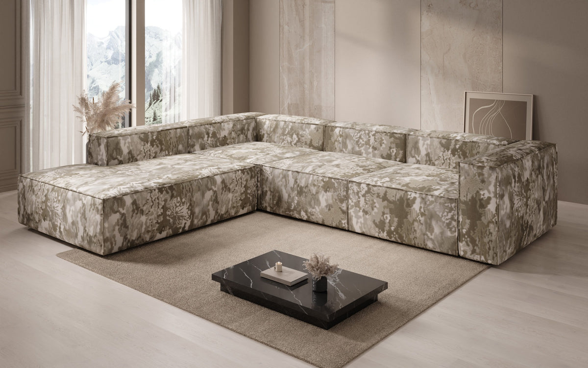 Canapé d'angle design Lesley avec longue ottomane - Jacquard à motif aquarelle