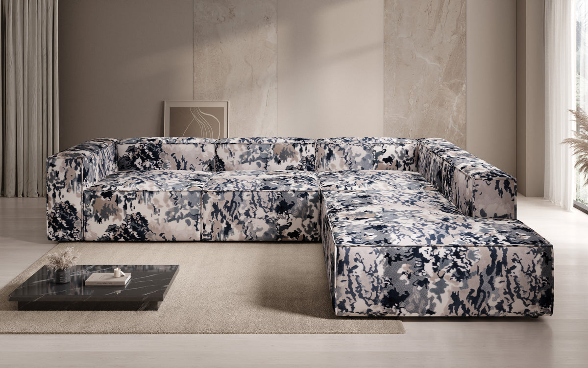 Canapé d'angle design Lesley avec longue ottomane - Jacquard à motif aquarelle
