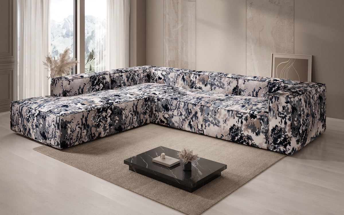 Canapé d'angle design Lesley avec longue ottomane - Jacquard à motif aquarelle