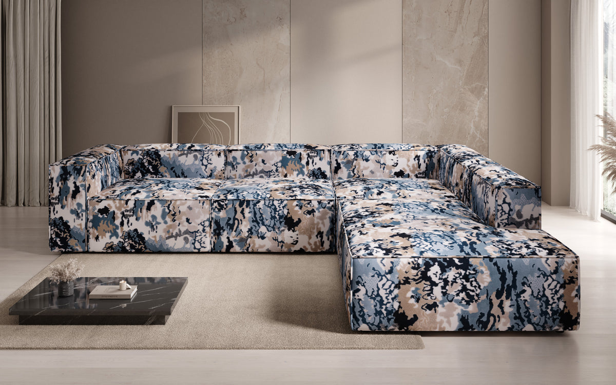 Canapé d'angle design Lesley avec longue ottomane - Jacquard à motif aquarelle