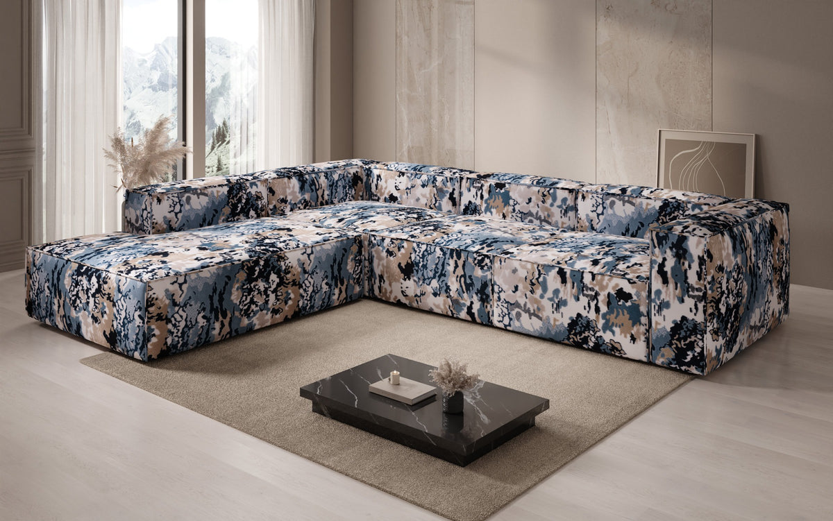 Canapé d'angle design Lesley avec longue ottomane - Jacquard à motif aquarelle