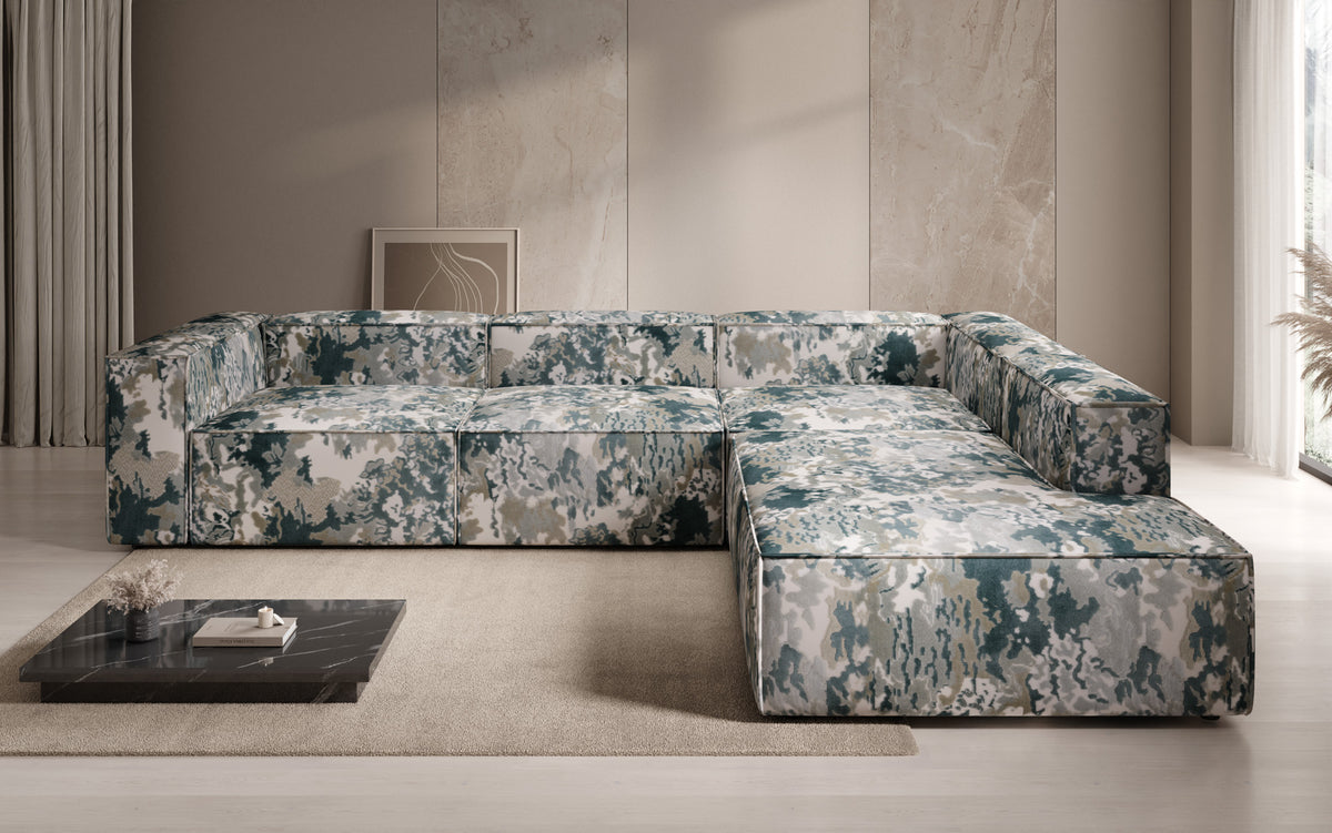 Canapé d'angle design Lesley avec longue ottomane - Jacquard à motif aquarelle