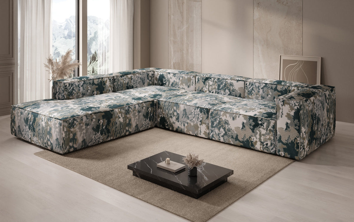 Canapé d'angle design Lesley avec longue ottomane - Jacquard à motif aquarelle