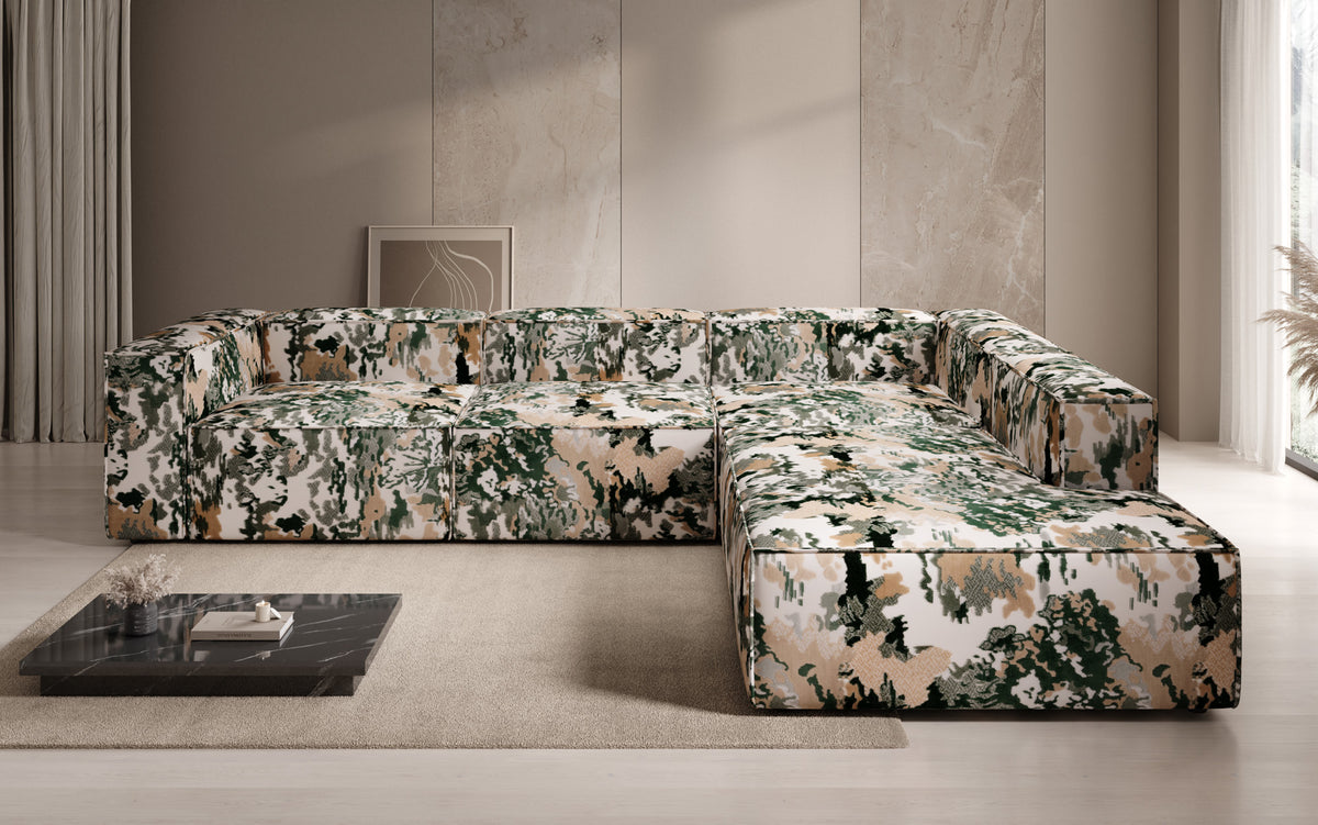 Canapé d'angle design Lesley avec longue ottomane - Jacquard à motif aquarelle
