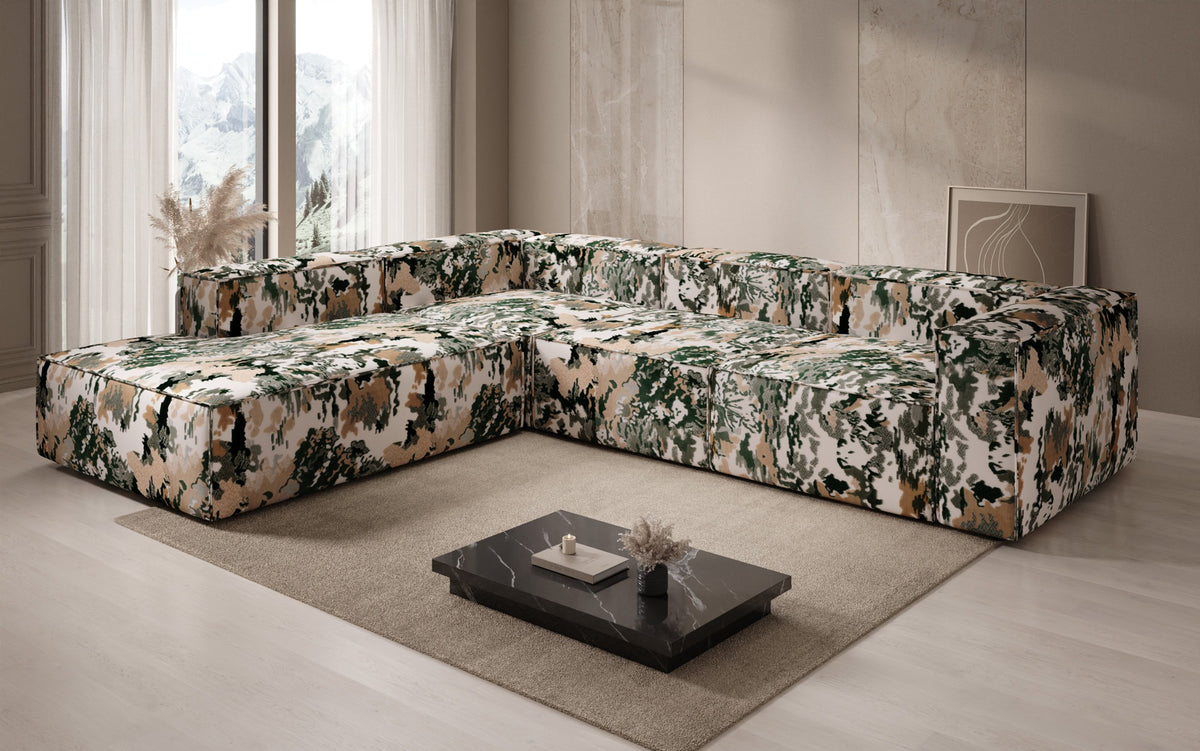 Canapé d'angle design Lesley avec longue ottomane - Jacquard à motif aquarelle