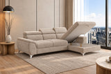 Ecksofa Luno in Strukturstoff Beige – geöffneter Stauraum
