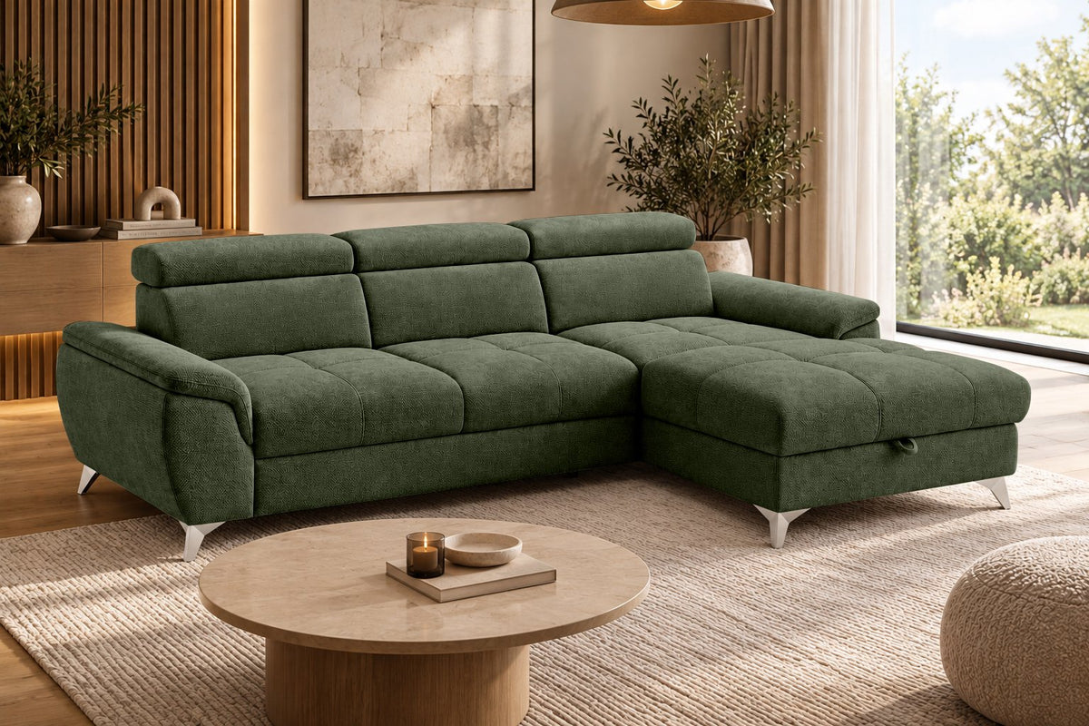 Ecksofa Luno in Strukturstoff Grün – Wohnansicht