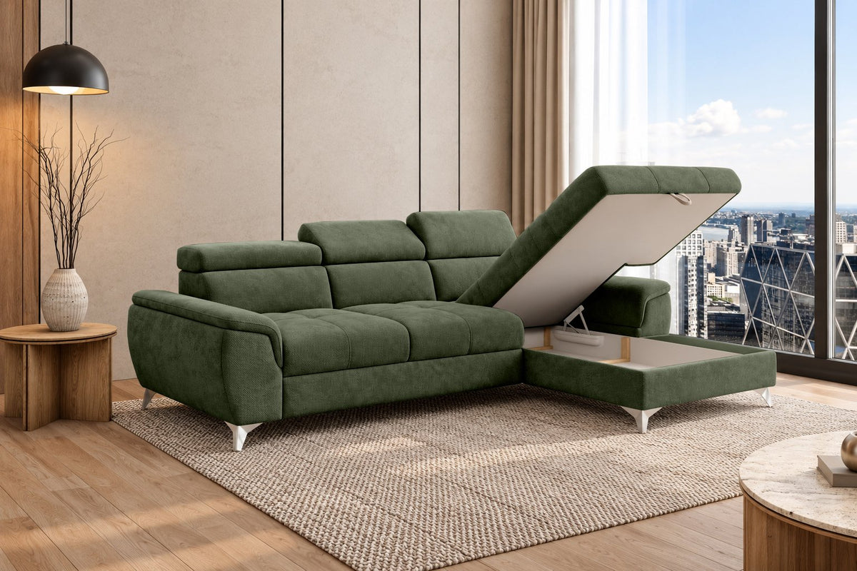 Ecksofa Luno in Strukturstoff Grün – geöffneter Stauraum