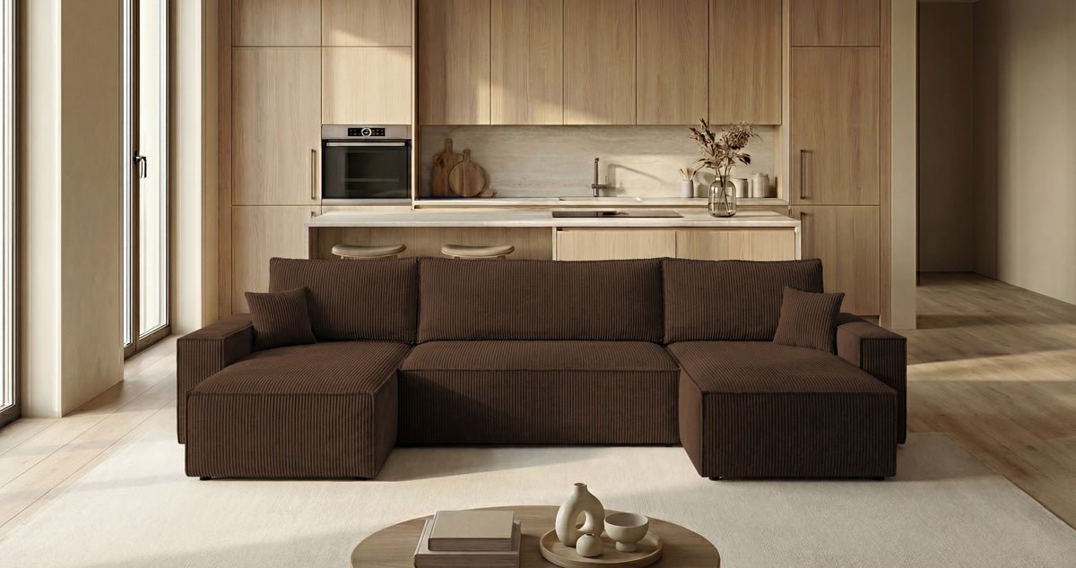 Canapé design Lunaro U Mini avec fonction lit et espace de rangement en Côtelé