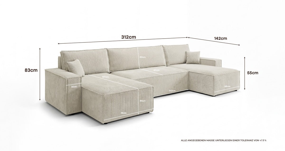 Canapé design Lunaro U Mini avec fonction lit et espace de rangement en Côtelé