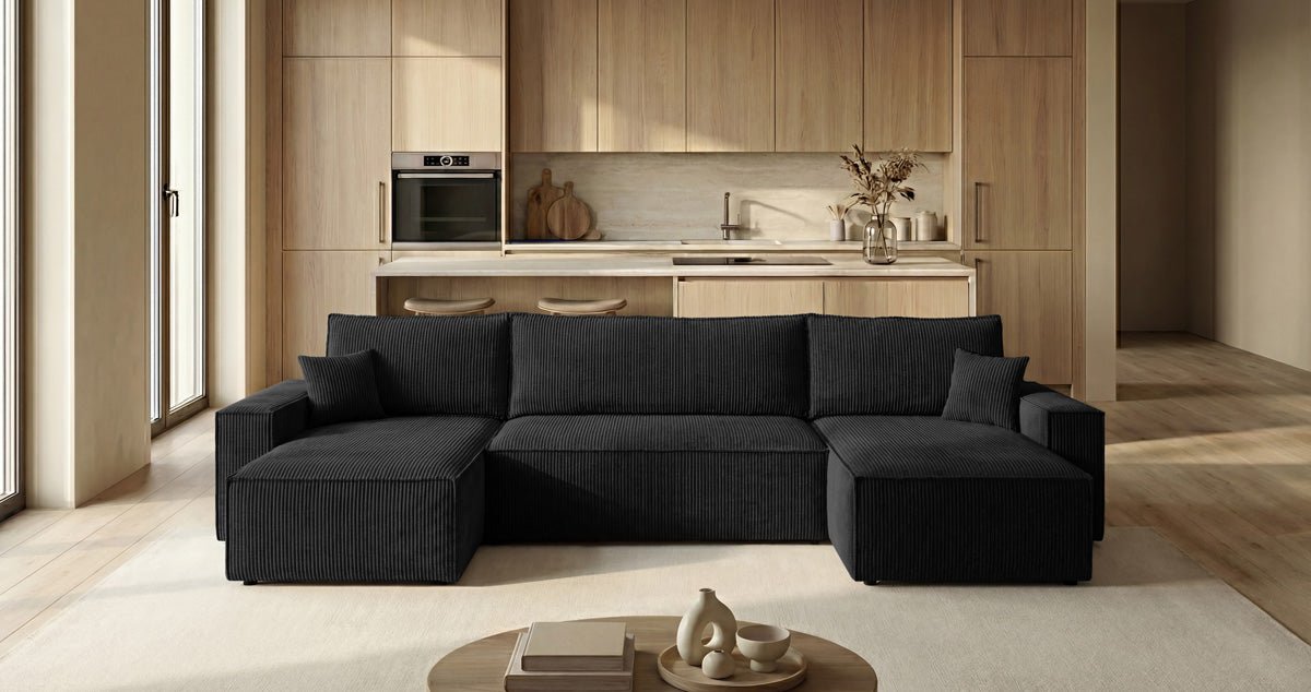 Canapé design Lunaro U Mini avec fonction lit et espace de rangement en Côtelé