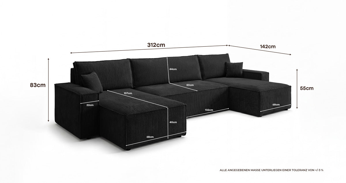 Canapé design Lunaro U Mini avec fonction lit et espace de rangement en Côtelé