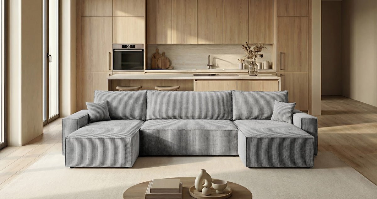 Canapé design Lunaro U Mini avec fonction lit et espace de rangement en Côtelé