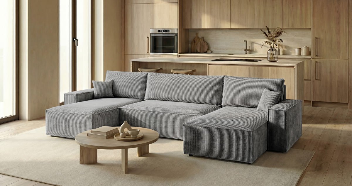 Canapé design Lunaro U Mini avec fonction lit et espace de rangement en Côtelé