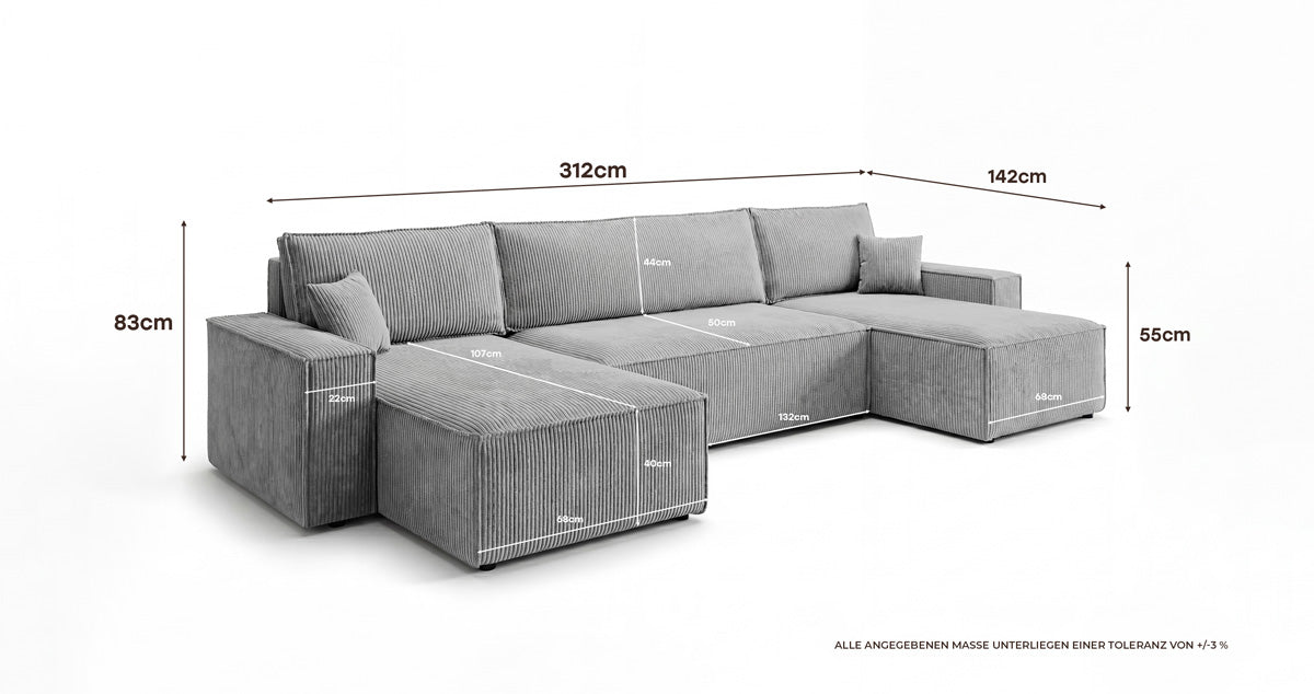 Canapé design Lunaro U Mini avec fonction lit et espace de rangement en Côtelé