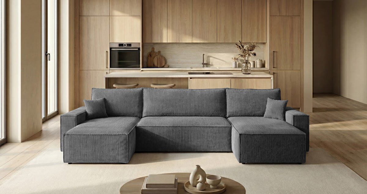 Canapé design Lunaro U Mini avec fonction lit et espace de rangement en Côtelé