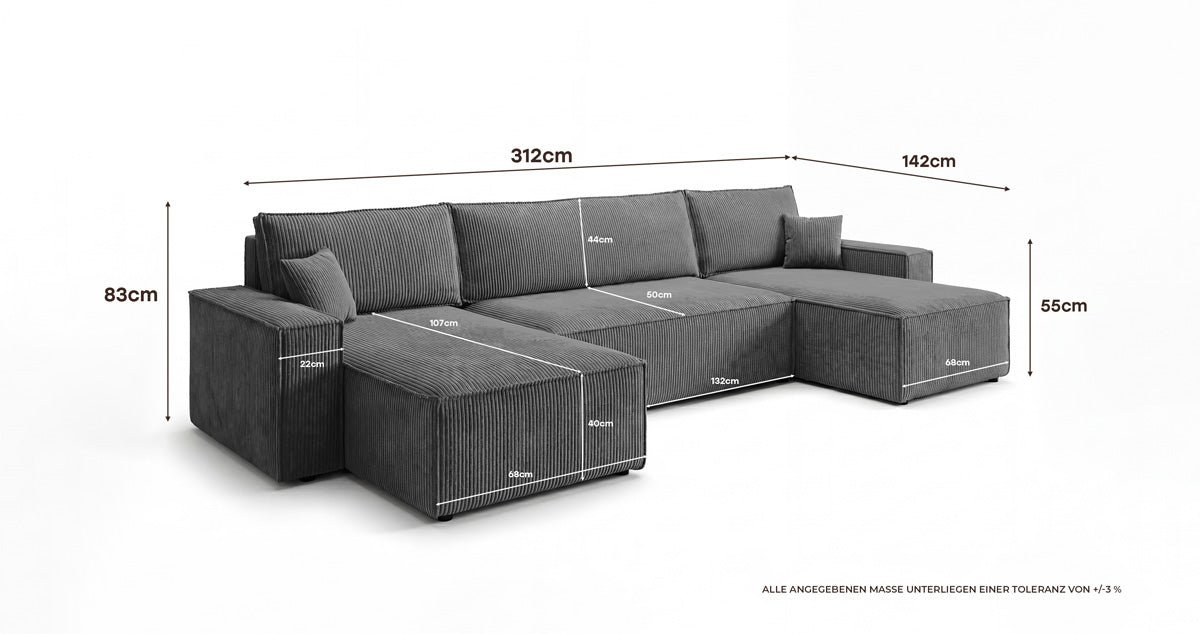 Canapé design Lunaro U Mini avec fonction lit et espace de rangement en Côtelé