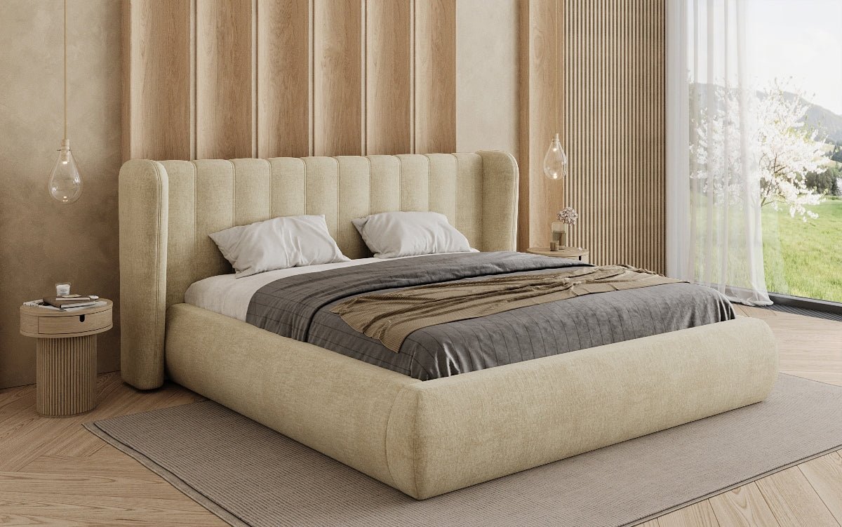 Lit rembourré design Valentina en velours avec rangement