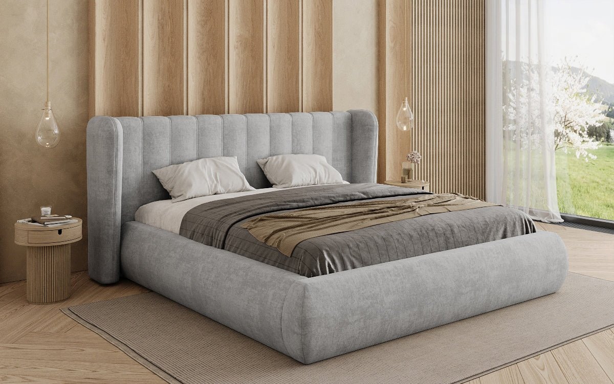Lit rembourré design Valentina en velours avec rangement