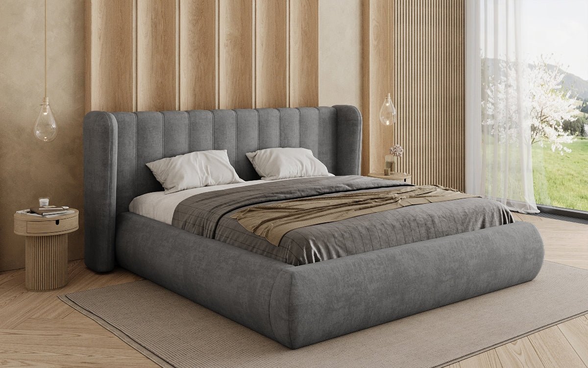 Lit rembourré design Valentina en velours avec rangement