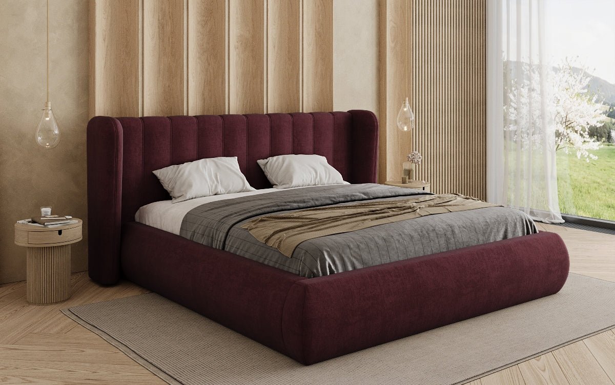 Lit rembourré design Valentina en velours avec rangement