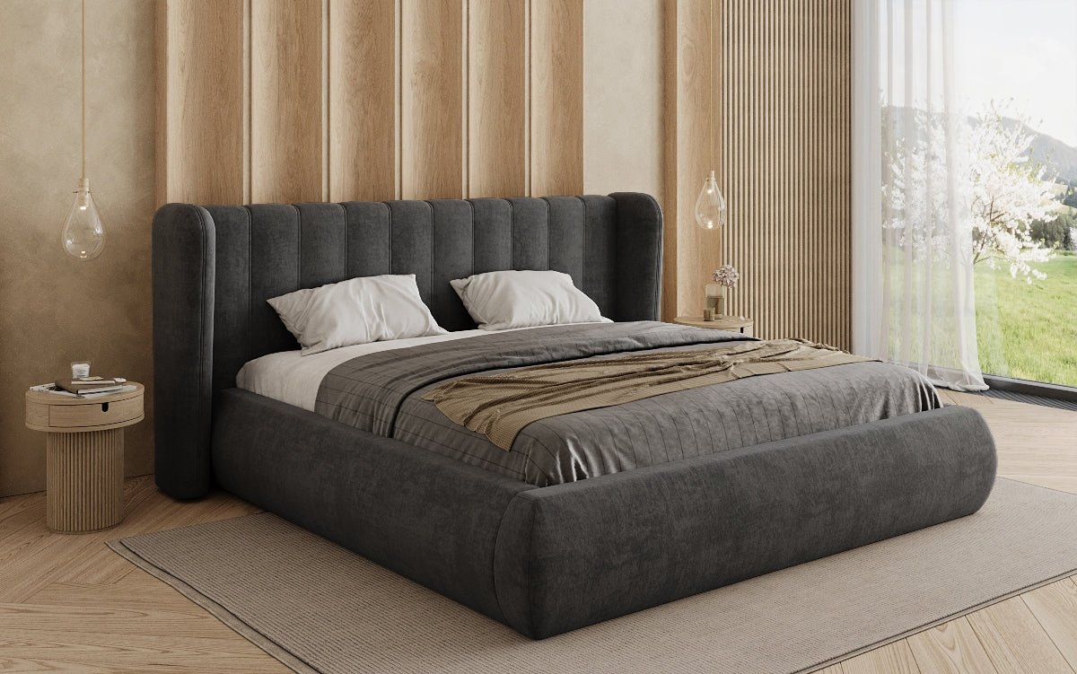 Lit rembourré design Valentina en velours avec rangement