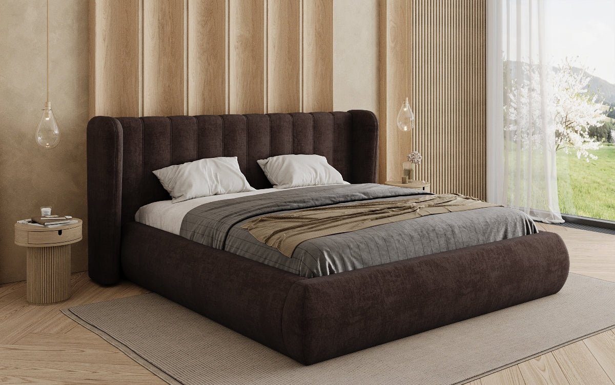 Lit rembourré design Valentina en velours avec rangement