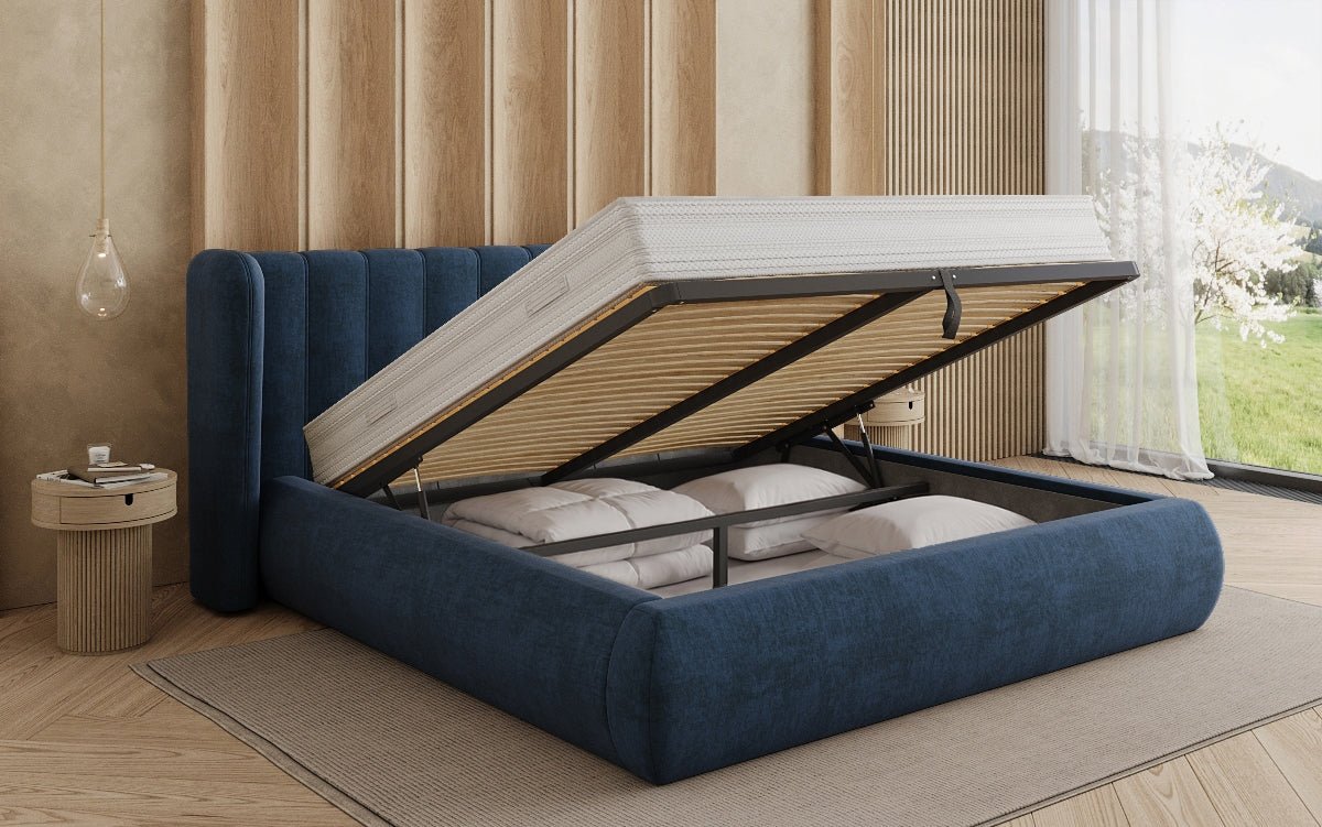 Lit rembourré design Valentina en velours avec rangement
