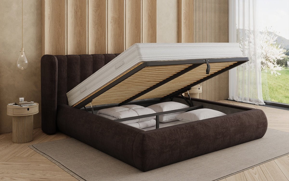 Lit rembourré design Valentina en velours avec rangement