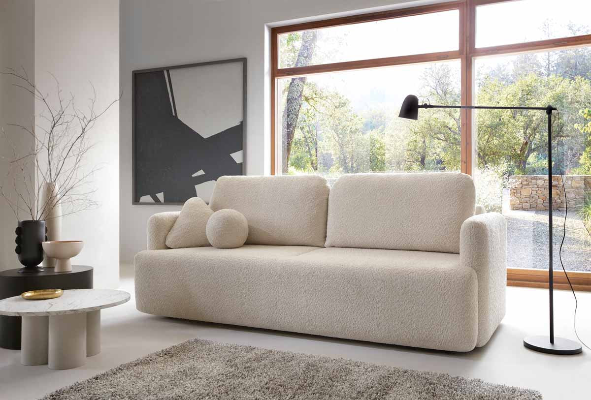 Designer Sofa Celiné Bouclé mit Schlaffunktion und Stauraum