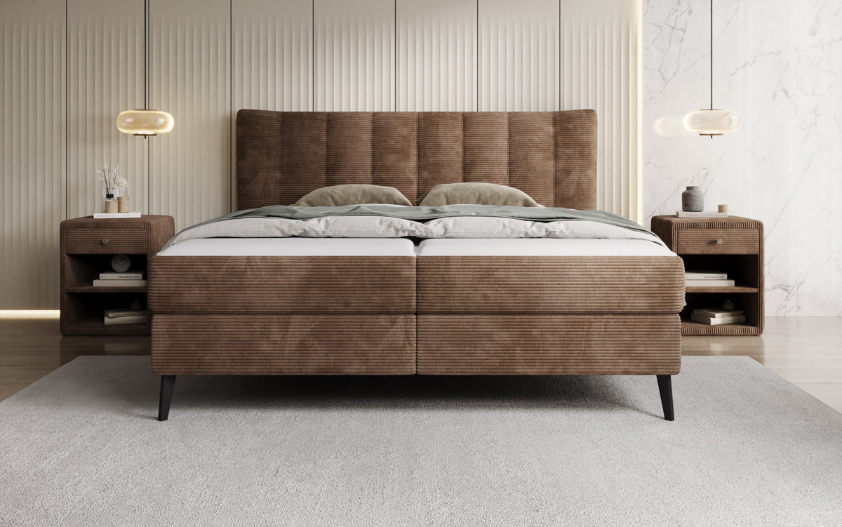 Lit boxspring Ines en Côtelé avec rangement
