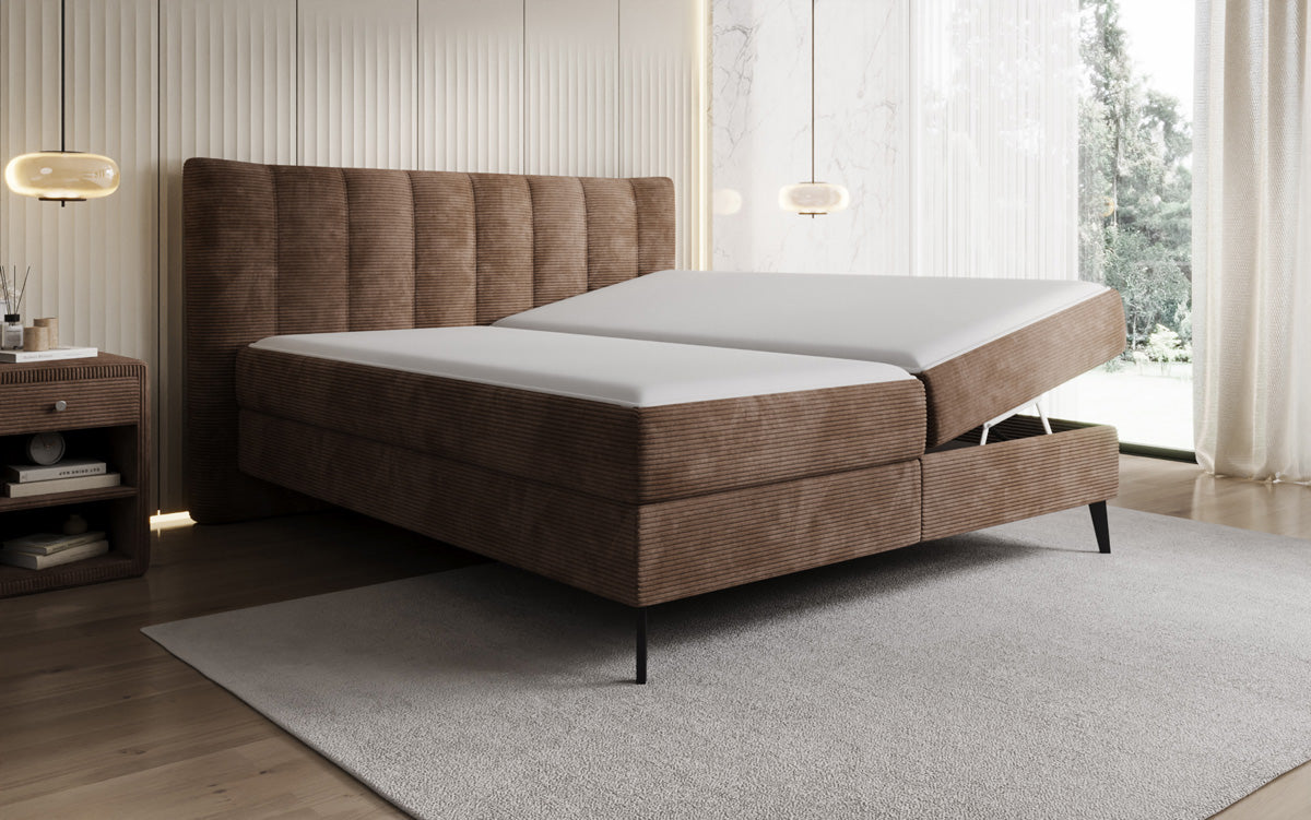 Lit boxspring Ines en Côtelé avec rangement
