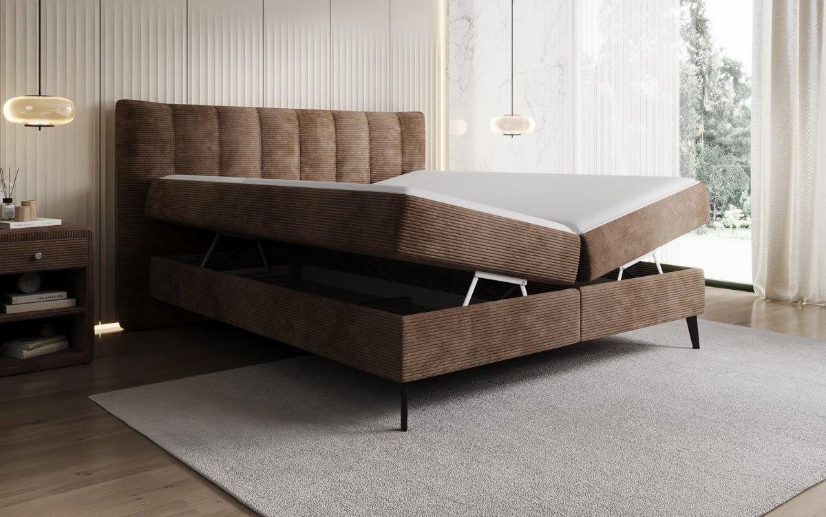 Lit boxspring Ines en Côtelé avec rangement