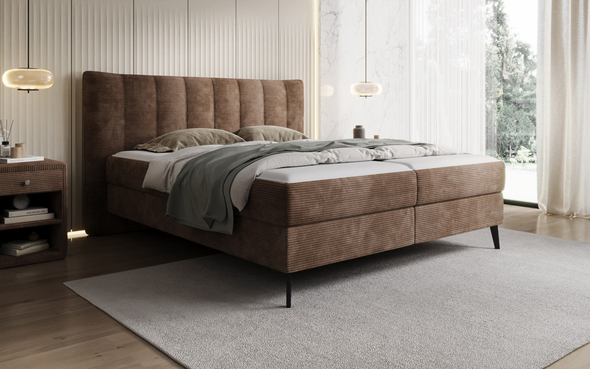 Lit boxspring Ines en Côtelé avec rangement